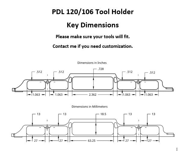 dimensional drawing showing measurements of the openings in the tool holder