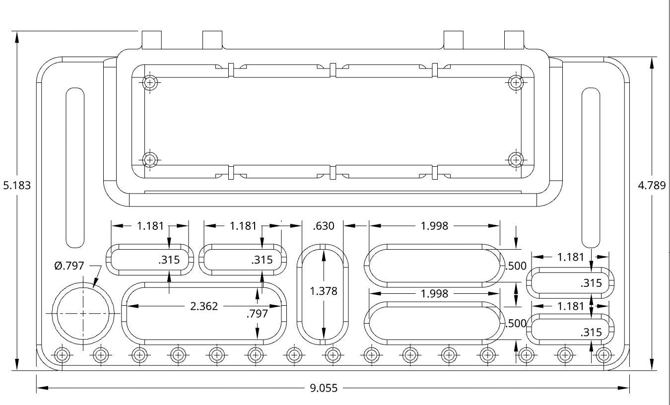 dimensional drawing of the rail mount tool holder showing key measurements