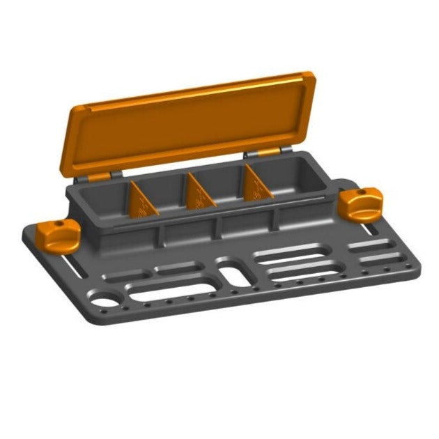 Image of the rail mount tool holder design rendering. Caption reads "t-bolts not included - see description