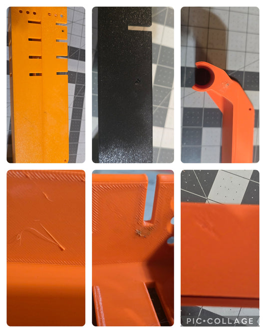 Collage of close-up shots of an orange tool on a grid background