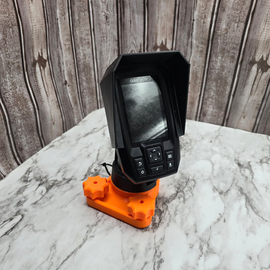 Photo of a Garmin Striker mounted on the rail mount Striker mount