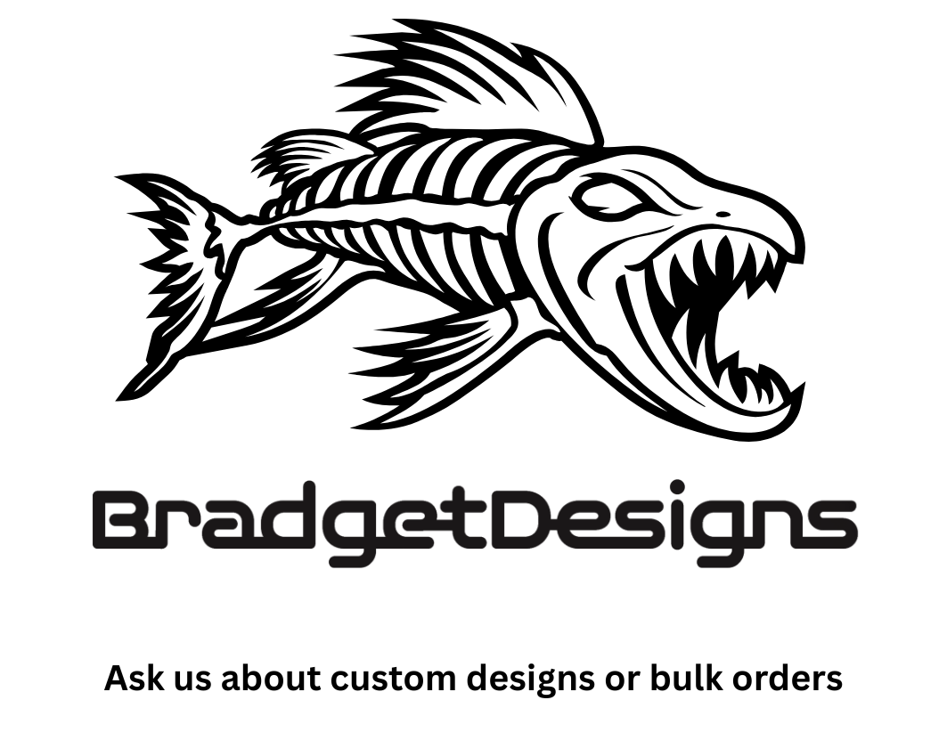 Fish skeleton design with 'BradgetDesigns' text on a white background. Ask us about custom designs or bulk orders.