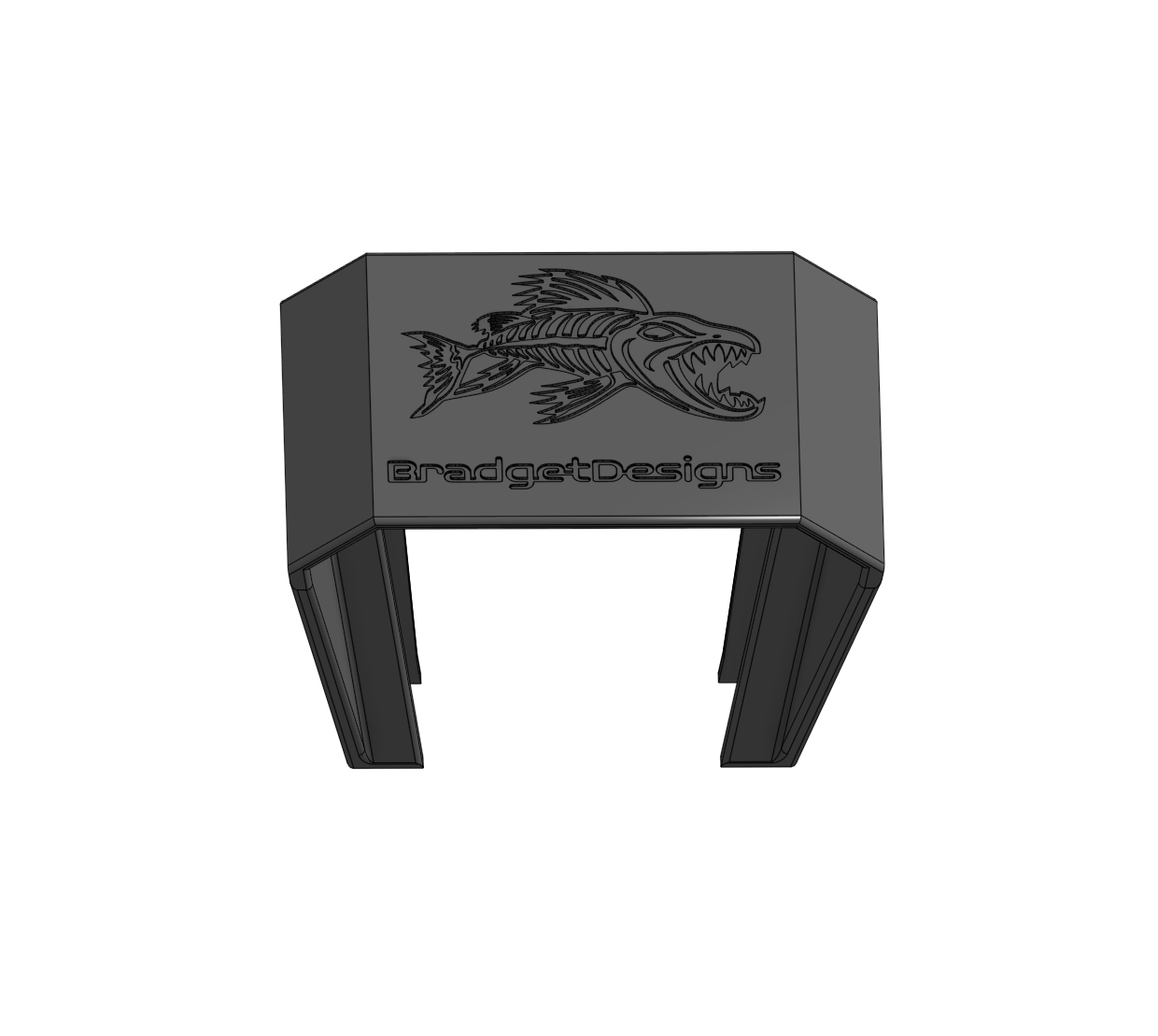 view of the top of the sunshade showing a skeleton fish and the name bradgetdesigns