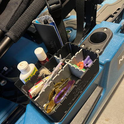 Tray with side pockets and tackle in tray