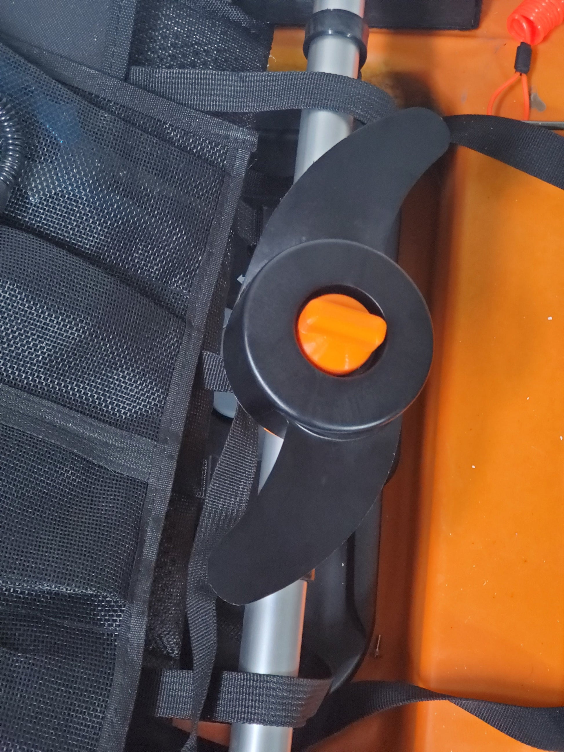 Image of spare prop mounted on the back of the Old Town seat